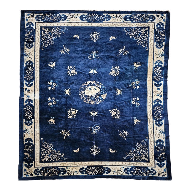 Antique Chinese Art Deco Rug, Hand-Knotted Wool Pile, Floral Motifs, 1900s For Sale