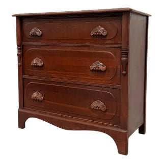 1970s Vintage Mahogany Wood Dresser 3-Dovetailed Drawers With Solid Wood Pine Cone Handle For Sale