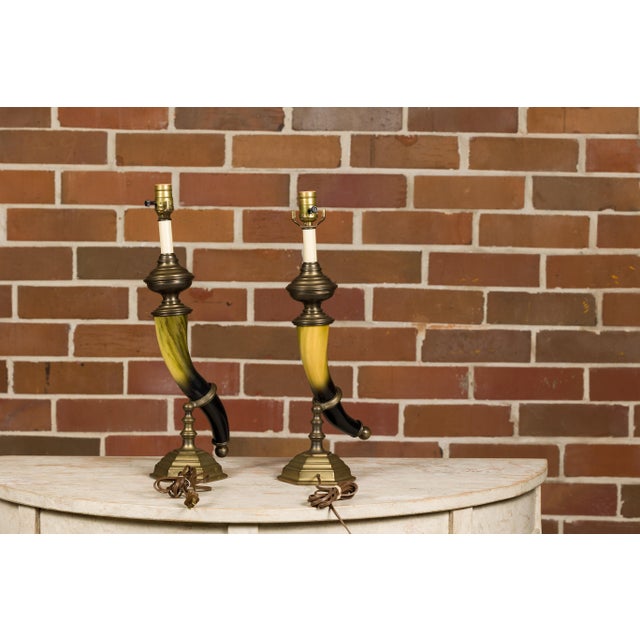 Metal 1970s Chapman Faux Horn and Brass Table Lamps - a Pair For Sale - Image 7 of 12