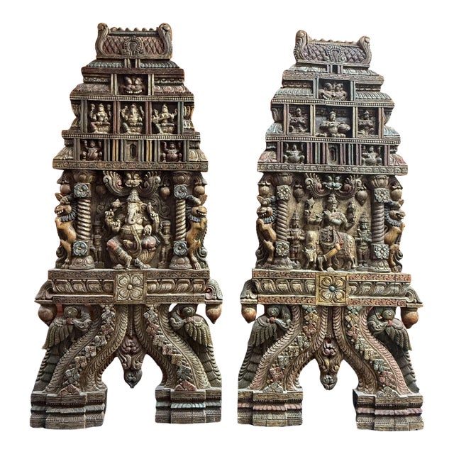 Grand 6ft Custom Architectural Hand-Carved Hardwood Temple Panels - Pair For Sale