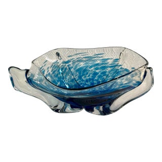 Vintage American Studio Art Glass Freeform Bowl in Cased Cobalt Blue With Controlled Bubble Decoration - 13 Inches For Sale