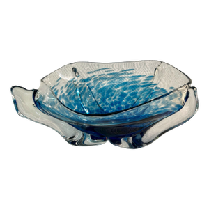 Vintage American Studio Art Glass Freeform Bowl in Cased Cobalt Blue With Controlled Bubble Decoration - 13 Inches