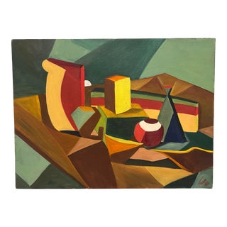 1953, Vivid Colored, Mid 20th Century Cubism Still Life Painting on Canvas, Signed, Dated For Sale