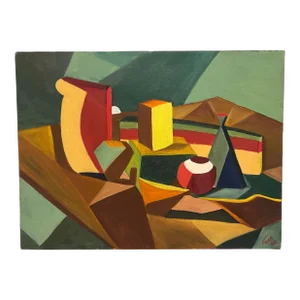 1953, Vivid Colored, Mid 20th Century Cubism Still Life Painting on Canvas, Signed, Dated