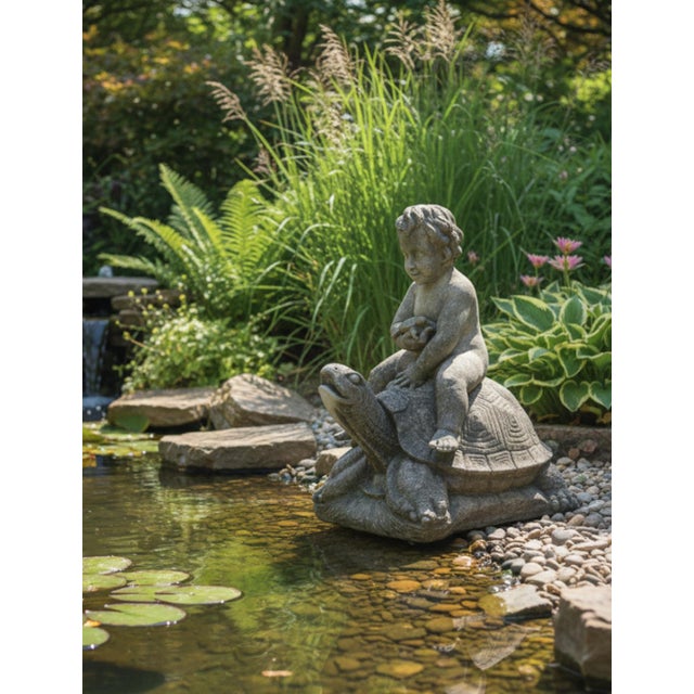 Stone Gray Vintage Limestone Putti Riding a Giant Tortoise Garden Statue For Sale - Image 8 of 8