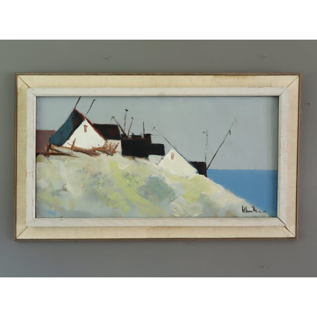 CLIFFSIDE HOUSES Size: 18.1 x 30.7 inches (including frame) Oil on canvas A calm mid-century painting that captures a row...
