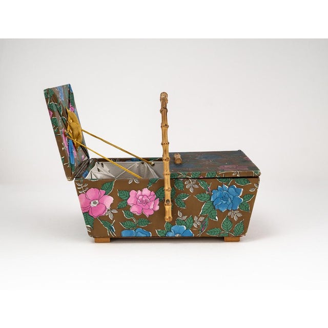 Mid-Century Sewing Basket with Bamboo Handle & Floral Decor, 1970s For Sale - Image 6 of 18