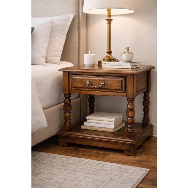 Wood Late 20th Century Pair of Cal Shops Solid Wood Traditional Nightstands With Turned Legs & Lower Shelf For Sale - Image 7 of 11