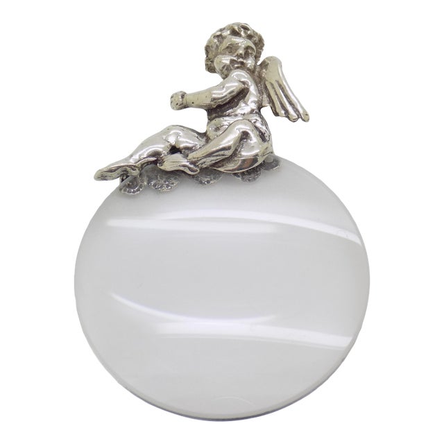 Vintage Italian Handmade Genuine Silver & Glass Purse Magnifier With Hallmarked Angel Handle For Sale