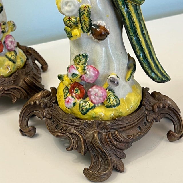 Ceramic Vintage pair of bird figurine candle holders with bronze mounts // hand painted figurines // ceramic birds // elegant vintage decor For Sale - Image 7 of 10