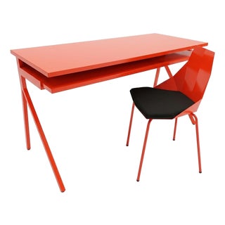 Modern Red Lacquered Desk and Chair For Sale