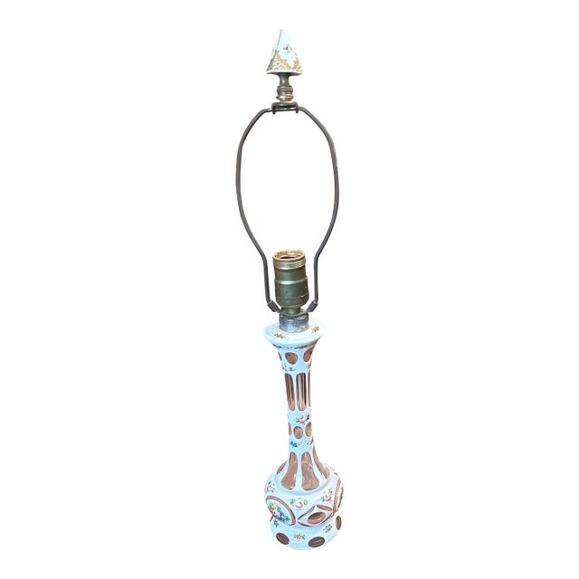 Bohemian Hand Painted Glass Lamp With Matching Finial For Sale