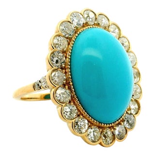 Antique 18k Gold Turquoise & Diamond Halo Ring, Size 6.75 For Sale