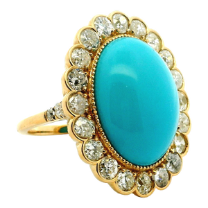 Antique 18k Gold Turquoise & Diamond Halo Ring, Size 6.75