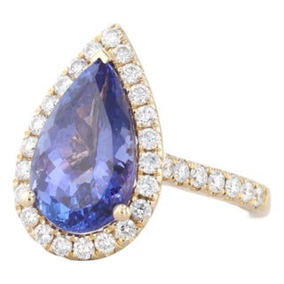 5.34ctw Pear Tanzanite Diamond Halo Ring 14k Gold Size 6.5 Teardrop Engagement For Sale