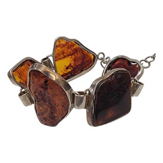 Mid 20th Century Natural Cognac Baltic Amber Panel Link Bracelet For Sale