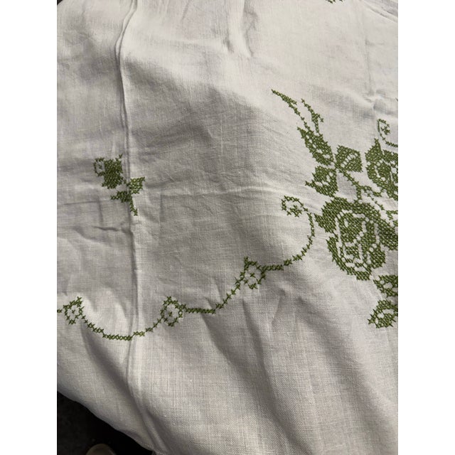 1940s French Linen Hand Embroidered Table Cloth For Sale - Image 5 of 6