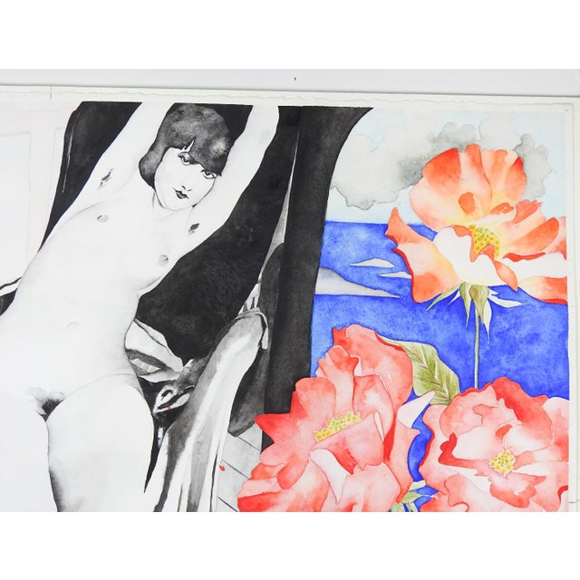 1980s 1989 Surreal Female Nude Flowers and Ocean Watercolor Painting For Sale - Image 5 of 7