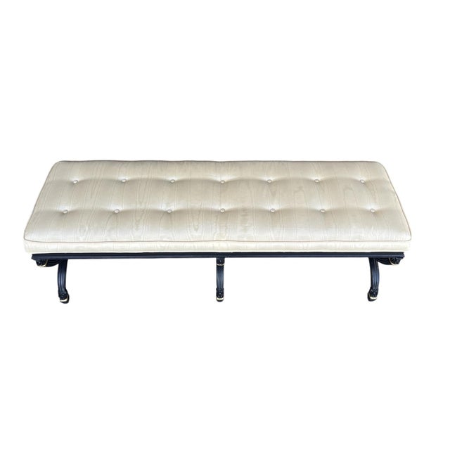1970s Elegant Ebonized X-Base Bench With Tufted Oyster Upholstery & Gold Accents For Sale - Image 15 of 17