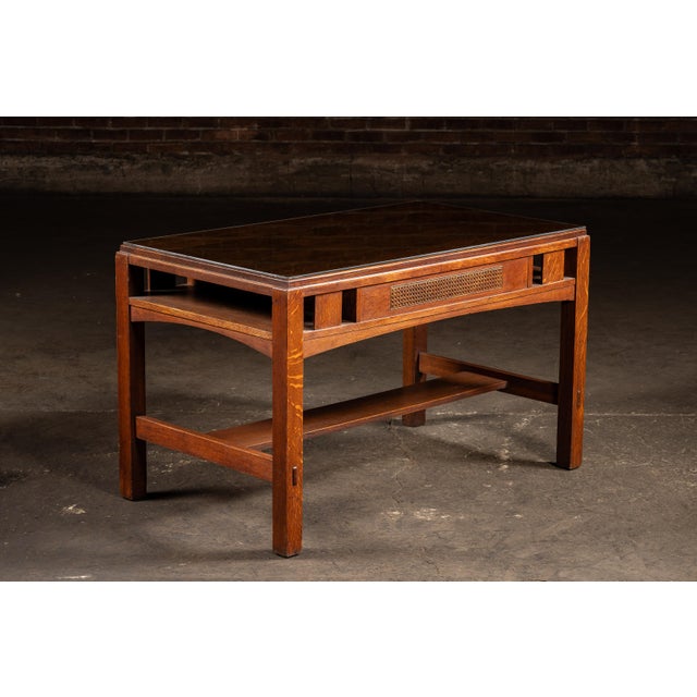 Traditional Early 20th Arts & Crafts Oak Library Table With Glass Top by Limbert For Sale - Image 3 of 12