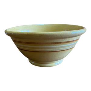 Antique Farmhouse Yellowware Large Mixing Bowl, With Brown and Cream Banding, Circa 1850's