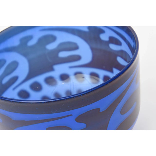 Blue Vintage Swedish Signed Abstract Blue Glass Bowl by Gunnar Cryen Graal, for Orrefors, Cobalt Blue For Sale - Image 8 of 11