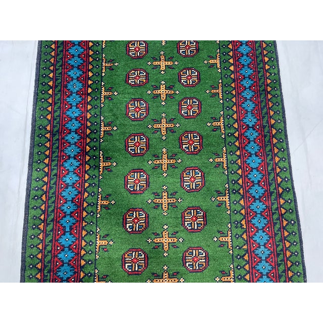 Green Tribal Geometric Hallway Runner Rug With Turquoise Border, 2'9" X 15'10" For Sale - Image 4 of 12