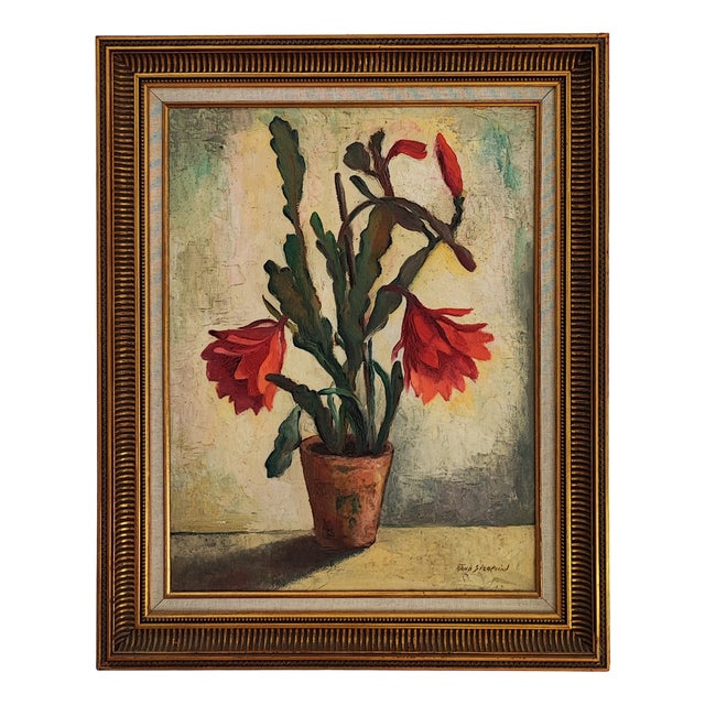 Arne Siegfried, Cactus en fleurs, Oil on Wood, Framed For Sale