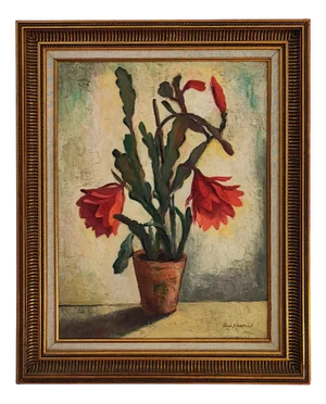 Arne Siegfried, Cactus en fleurs, Oil on Wood, Framed