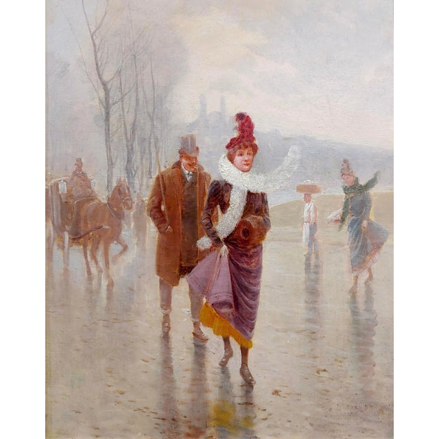 Impressionist Desire Honore Berard -Husband & Wife Walking the Winter Street -19th C. Oil Painting For Sale - Image 3 of 9