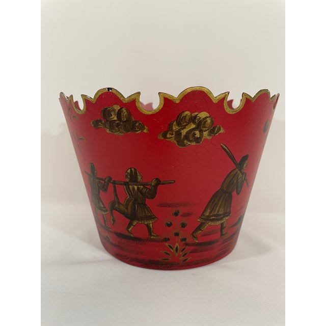 1950s-70s Chinoiserie Red Toleware Cachepot or Jardiniere For Sale - Image 4 of 15