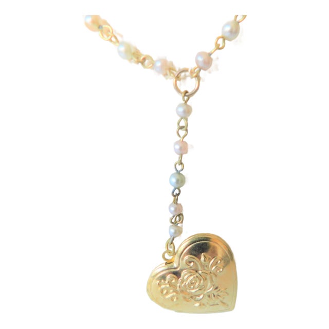 Vintage Heart Embossed Locket on Pearl Link Drop and Chain, Two Photo For Sale