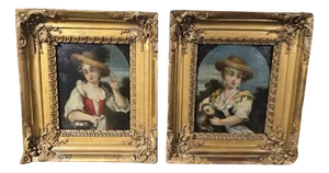 Young Shepherdesses, 1870, Oil Paintings on Panel, Set of 2