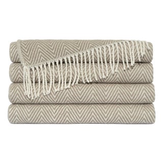 Luxury Herringbone Throw Blanket in Ivory and Taupe For Sale