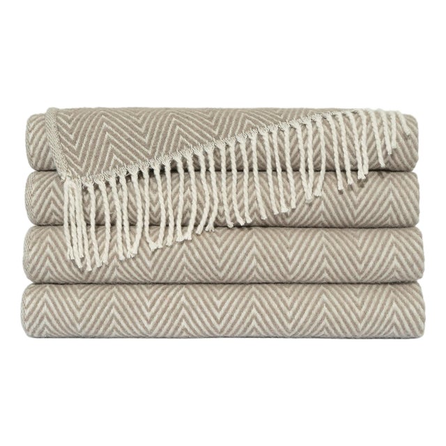 Luxury Herringbone Throw Blanket in Ivory and Taupe For Sale