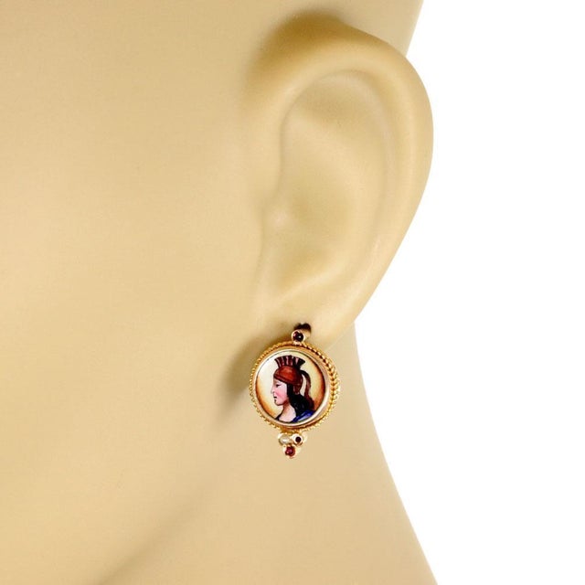 Contemporary Vintage 12k Gold Painted Portrait & Gems Round Dangle Earrings, 2 pieces For Sale - Image 3 of 3