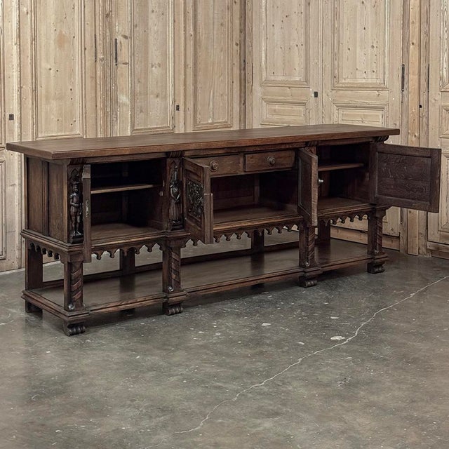 Grand French Gothic Revival Oak Raised Buffet ~ Credenza For Sale - Image 12 of 18