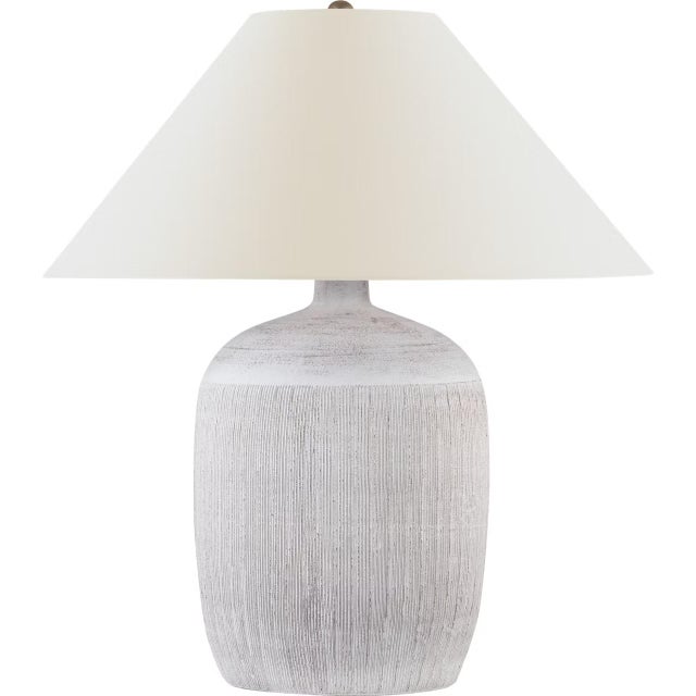 Transitional Chapman & Myers by Visual Comfort Signature Portis 32" Combed Round Table Lamp in White Washed Terracotta with Linen Shade For Sale - Image 3 of 3