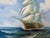 Oil on canvas maritime painting depicting a graceful sailing vessel cutting through rolling ocean waves beneath a luminous...