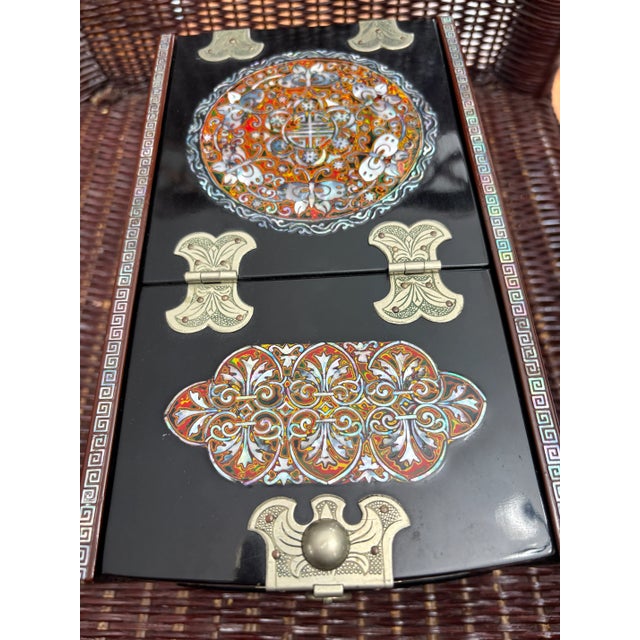 Small Black Lacquer Jewelry Box with Beautiful Abalone Shell Inlay Jewelry Box with Butterflies and Flowers. This has one...