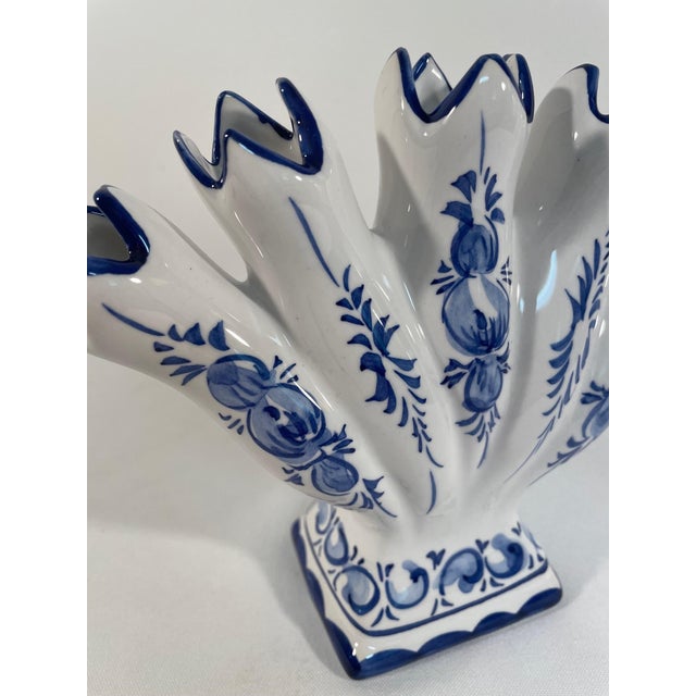Vintage Blue and White Ceramic Five Finger Tulip Vase, Tulipiere For Sale - Image 9 of 14