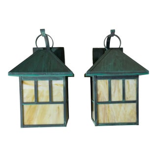 Pair of Vintage Solid Brass Outdoor Lanterns – Arts & Crafts Mission Style For Sale