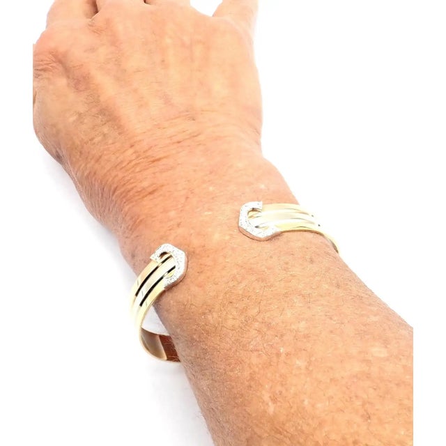 1980s Cartier Tri-Color Gold Diamond Double C Cuff Bangle Bracelet For Sale - Image 11 of 12