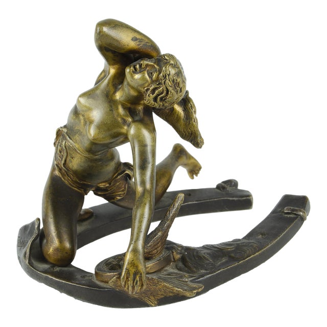 Early 20th Century Art Nouveau Bronze Sculpture of a Nude Mythological Young Woman on a Horseshoe 'Fortuna' by Charles Tabora, France For Sale