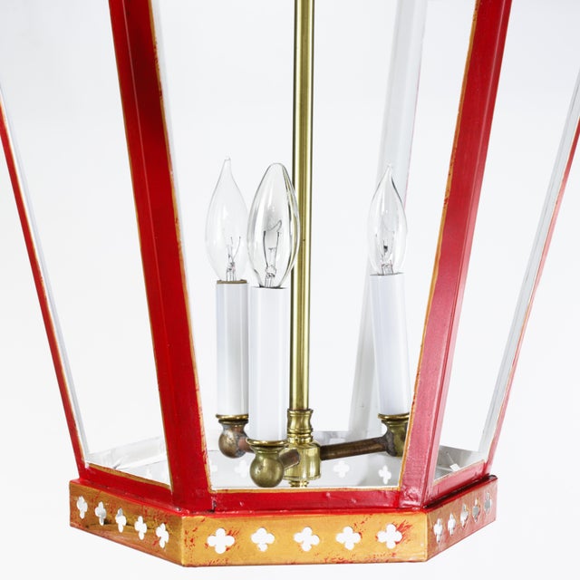 Vintage Chinoiserie Red Tole Hanging Lantern Chandelier With Brass Bells For Sale - Image 13 of 14