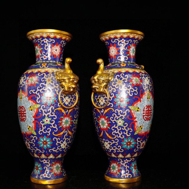 Mid 20th Century Pair of Chinese Cloisonné Vases | Gilt Bronze Handles & Taotie Mask Motif For Sale - Image 5 of 9