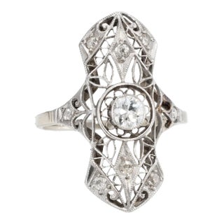 Early 20th Century Antique Deco Diamond Filigree Ring Vintage 14 Karat Gold size 5 For Sale