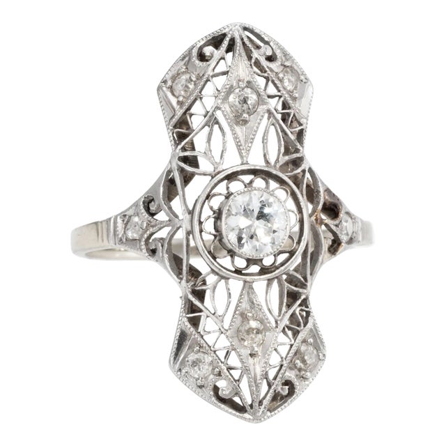 Early 20th Century Antique Deco Diamond Filigree Ring Vintage 14 Karat Gold size 5 For Sale