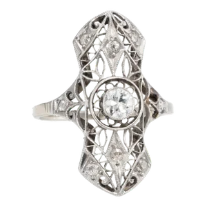 Early 20th Century Antique Deco Diamond Filigree Ring Vintage 14 Karat Gold size 5