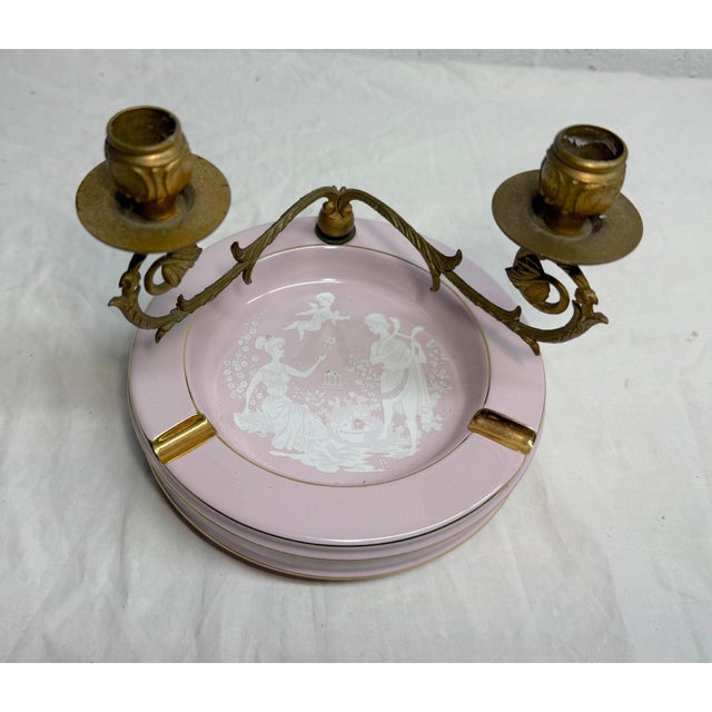 1950s Vintage Pate Sur Pate Italian Pink Porcelain Gilt Bronze Ashtray Candle Holder For Sale - Image 5 of 9